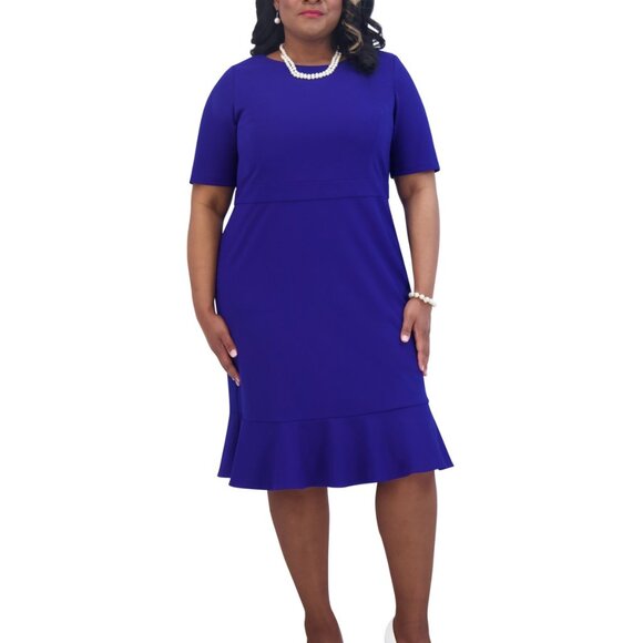 Kasper 2X Royal Blue Scuba Crepe Ruffle Hem Dress NWT Short Sleeve Knee Length - Picture 2 of 4
